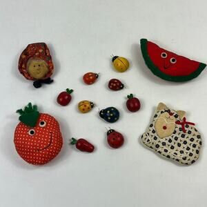 Vintage Ladybug Refrigerator Magnets Fruit Kitchen Decor Lot Of 13 Wood Fabric